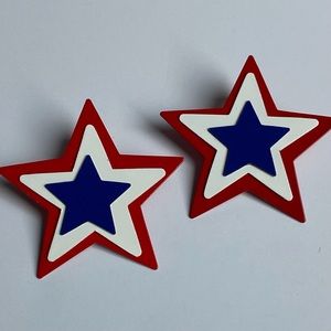 Star Earrings Patriotic Metal Red White & Blue 2” Across 4th Of July Jewelry